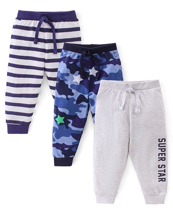 Babyhug Cotton Jersey Knit Full Length Lounge Pants Striped & Star Print Pack of 3 - Multicolor