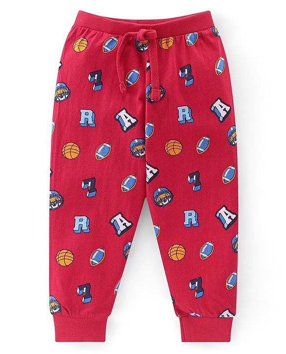 Babyhug Cotton Looper Full Length Lounge Pant With Text Print Pack Of 3 - Navy Blue Yellow & Red