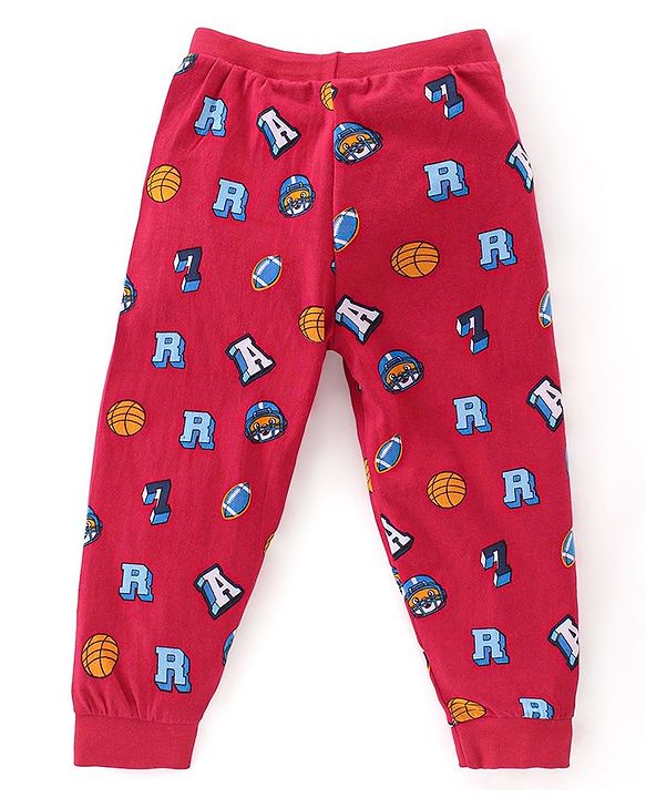 Babyhug Cotton Looper Full Length Lounge Pant With Text Print Pack Of 3 - Navy Blue Yellow & Red