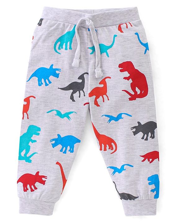 Babyhug Cotton Jersey Knit Full Length Lounge Pants Striped & Dino Print Pack of 3 - Multicolor