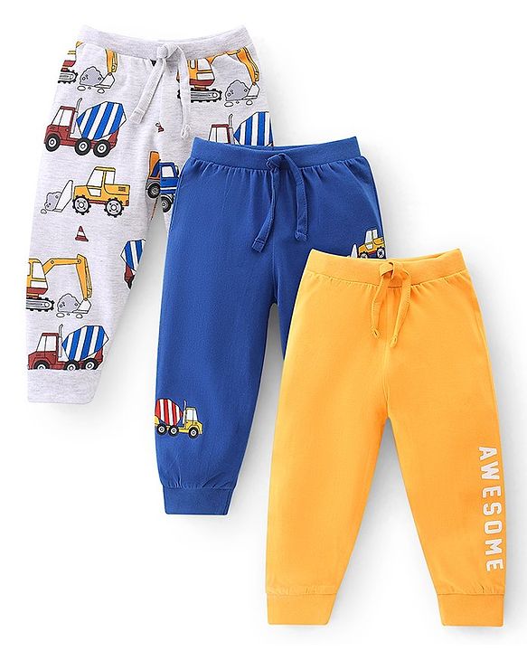 Babyhug Cotton Jersey Knit Full Length Lounge Pant Truck & Text Print Pack of 3 - Blue White & Yellow