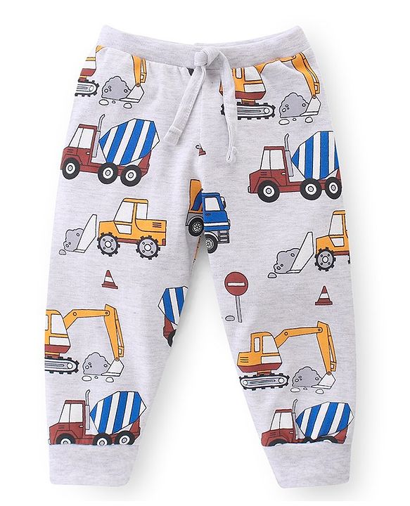 Babyhug Cotton Jersey Knit Full Length Lounge Pant Truck & Text Print Pack of 3 - Blue White & Yellow