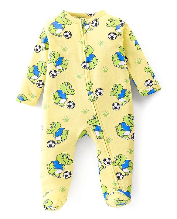 Babyhug Interlock Cotton Knit Full Sleeves Crocodile Print Sleep Suit- Yellow