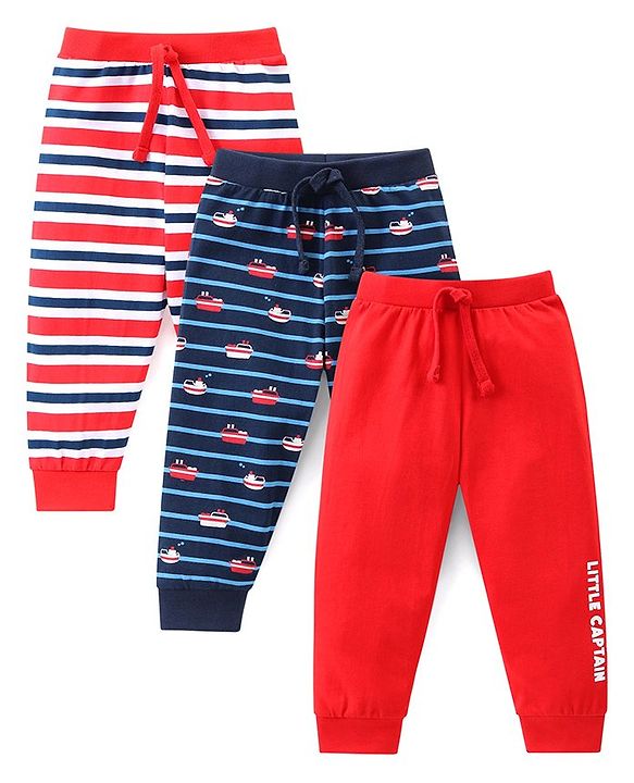 Babyhug Cotton Knit Full Length Striped & Solid Colour Lounge Pants Pack of 3 - Multicolour