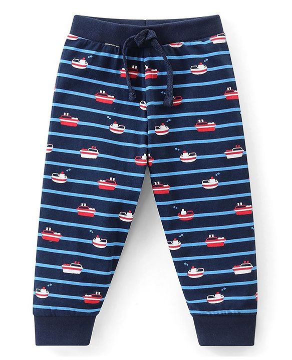 Babyhug Cotton Knit Full Length Striped & Solid Colour Lounge Pants Pack of 3 - Multicolour