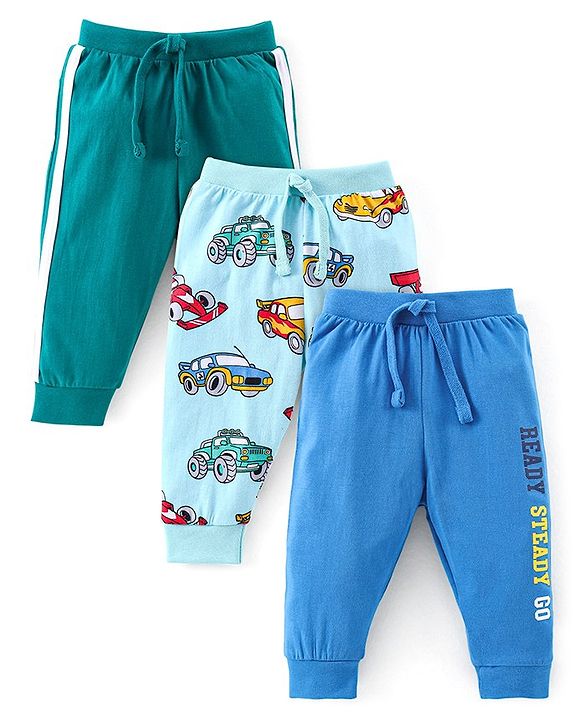 Babyhug Cotton Full Length Lounge Pants Car Print Pack of 3 - Blue