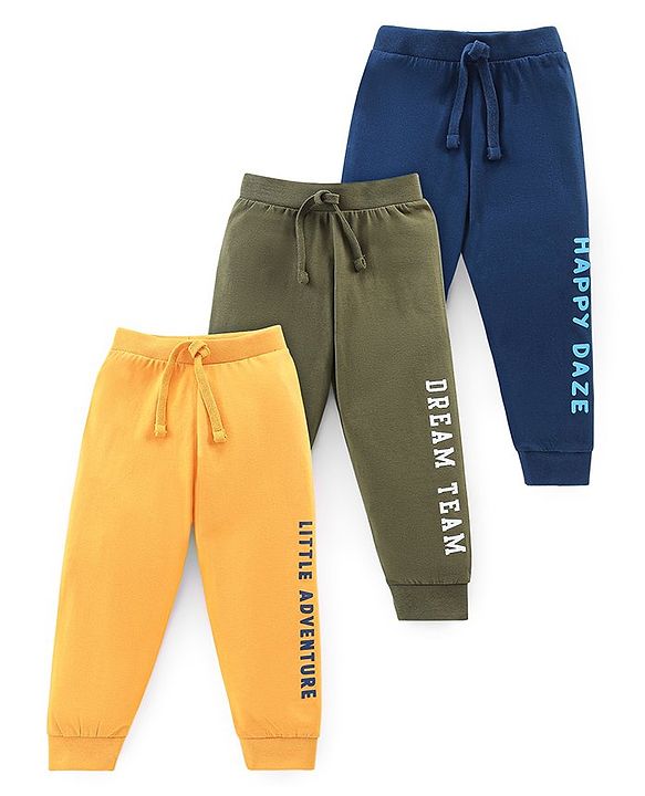 Babyhug Cotton Knit Full Length Text Print Lounge Pants Pack of 3 - Yellow Green & Blue