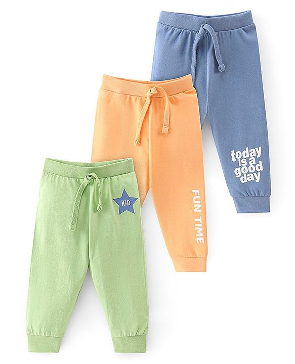 Babyhug Cotton Knit Full Length Lounge Pant With Text Print Pack Of 3 - Orange Green & Blue