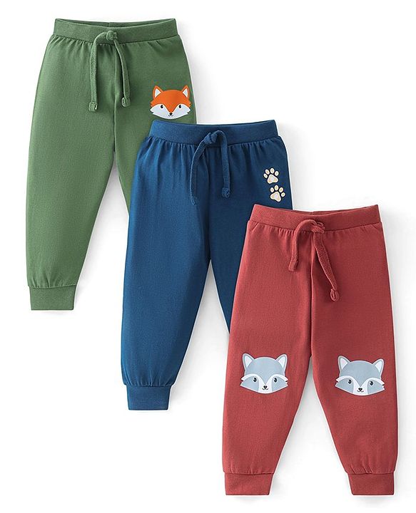 Babyhug Cotton Full Length Lounge Pants Fox Print Pack of 3 - Blue Green & Red