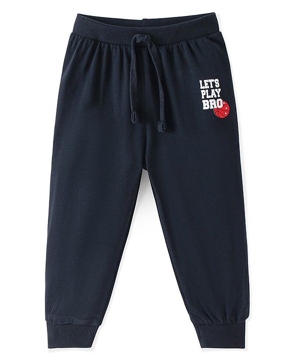 Babyhug Cotton Jersey Knit Full Length Lounge Pant Text Printed - Navy Blue