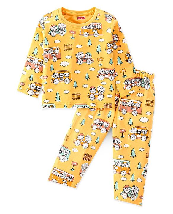 Babyhug Interlock Knit Full Sleeves Night Suit Jungle Animals Printed - Yellow