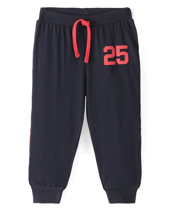 Babyhug Cotton Jersey Knit Full Length Lounge Pant Numeric Print Solid Color - Navy Blue