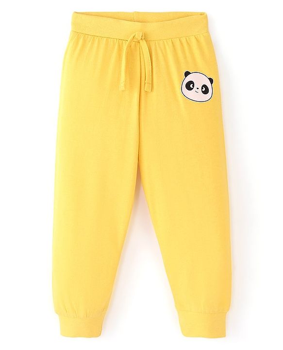 Babyhug Cotton Knit Full Length Lounge Pant with Panda Placement Print - Yellow