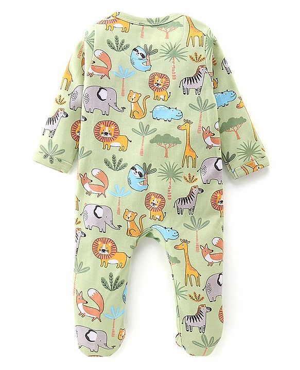 Babyhug Cotton Knit Full Sleeves Footed Sleep Suit With Dino Print - Green