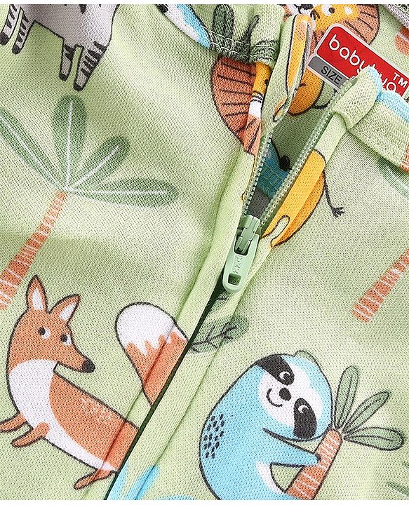 Babyhug Cotton Knit Full Sleeves Footed Sleep Suit With Dino Print - Green