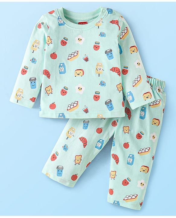 Babyhug Interlock Knit Full Sleeves Night Suit Eggs & Bread Printed - Blue