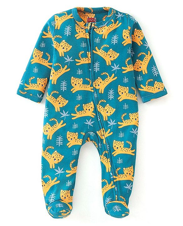Babyhug Cotton Knit Full Sleeves Sleepsuit With Leopard Print - Blue