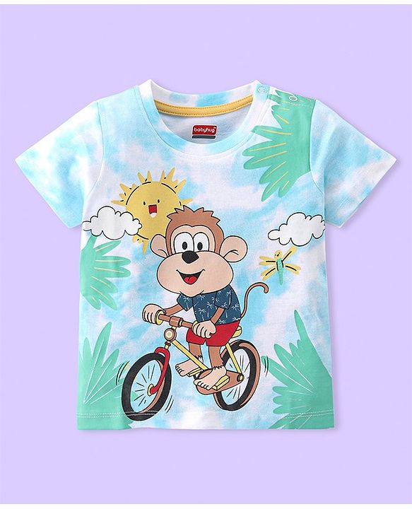 Babyhug Cotton Knit Half Sleeves Monkey Print T-Shirt - Light Blue & White