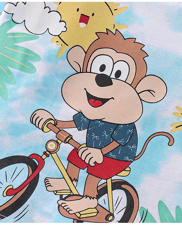 Babyhug Cotton Knit Half Sleeves Monkey Print T-Shirt - Light Blue & White