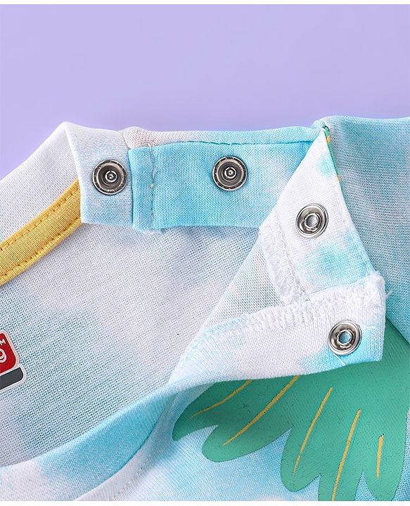 Babyhug Cotton Knit Half Sleeves Monkey Print T-Shirt - Light Blue & White