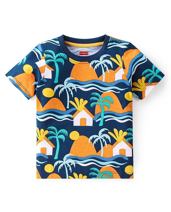 Babyhug 100% Cotton Knit Half Sleeves T-Shirt Palm Tree Graphics - Navy Blue
