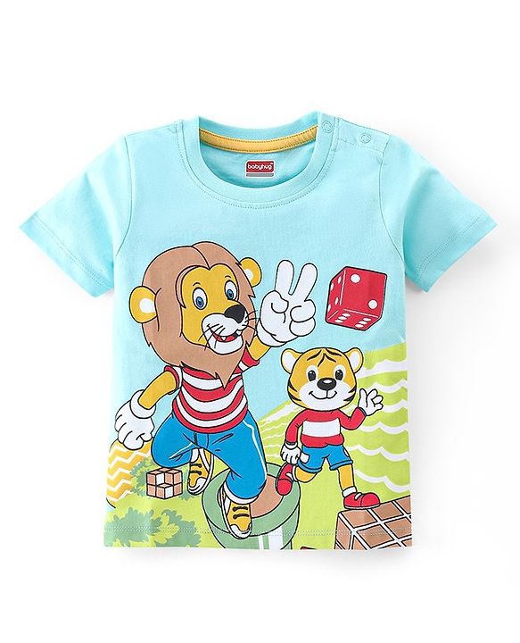 Babyhug 100% Cotton Knit Half Sleeves T-Shirt Lion Graphics - Blue