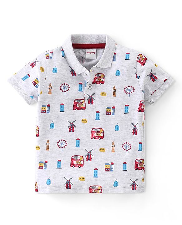 Babyhug 100% Cotton Half Sleeves Polo T-Shirt With London Theme Graphics - Grey