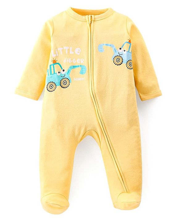 Babyhug Cotton Knit Full Sleeves Footed Sleep Suit JCB Print - Yellow