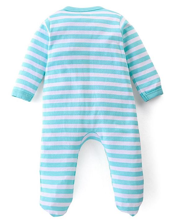 Babyhug Cotton Knit Full Sleeves Footed Sleep Suit Striped & Reindeer Print - Blue