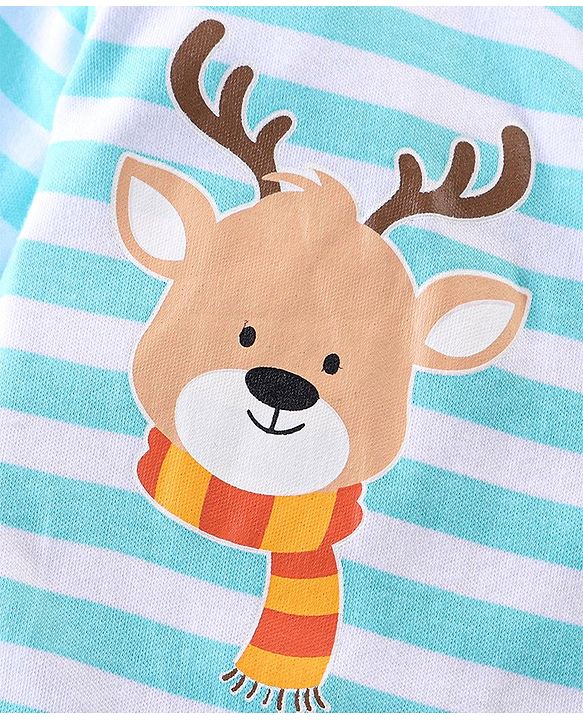 Babyhug Cotton Knit Full Sleeves Footed Sleep Suit Striped & Reindeer Print - Blue