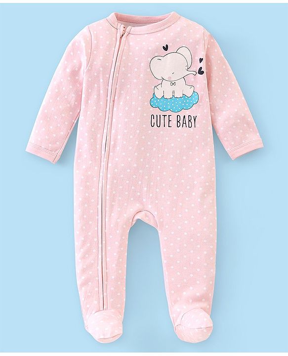 Babyhug Cotton Interlock Knit Footed Sleepsuit Elephant Print - Pink