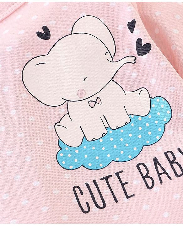Babyhug Cotton Interlock Knit Footed Sleepsuit Elephant Print - Pink