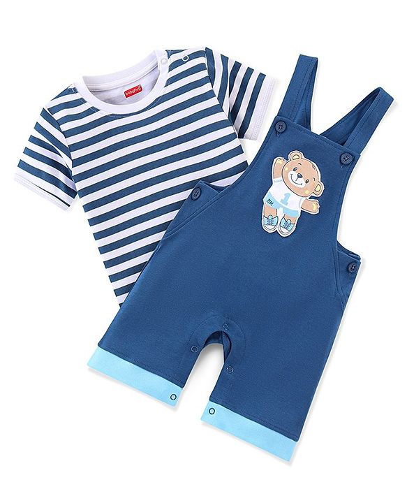 Babyhug 100% Cotton Knit Dungaree and Half Sleeves T-Shirt Set Stripes & Bear Patch - White & Blue