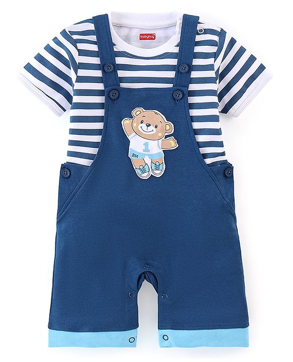 Babyhug 100% Cotton Knit Dungaree and Half Sleeves T-Shirt Set Stripes & Bear Patch - White & Blue