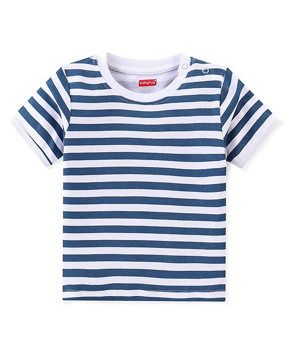 Babyhug 100% Cotton Knit Dungaree and Half Sleeves T-Shirt Set Stripes & Bear Patch - White & Blue