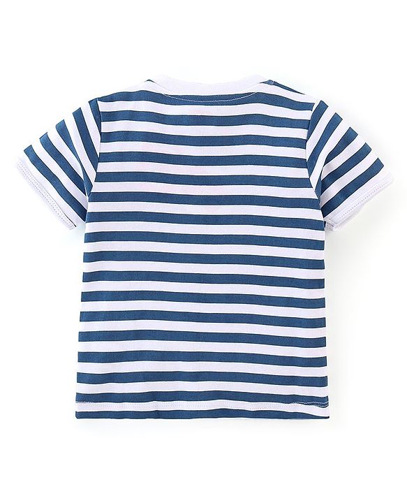 Babyhug 100% Cotton Knit Dungaree and Half Sleeves T-Shirt Set Stripes & Bear Patch - White & Blue
