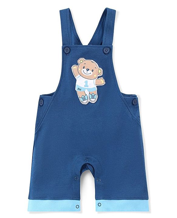 Babyhug 100% Cotton Knit Dungaree and Half Sleeves T-Shirt Set Stripes & Bear Patch - White & Blue