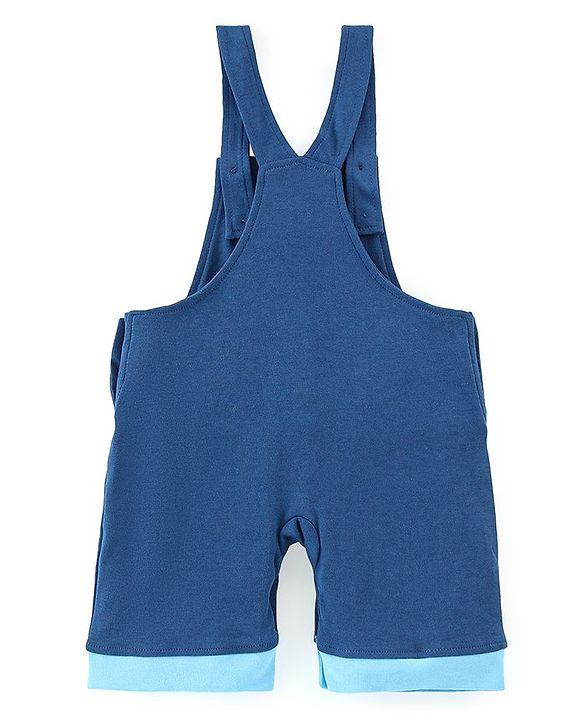 Babyhug 100% Cotton Knit Dungaree and Half Sleeves T-Shirt Set Stripes & Bear Patch - White & Blue