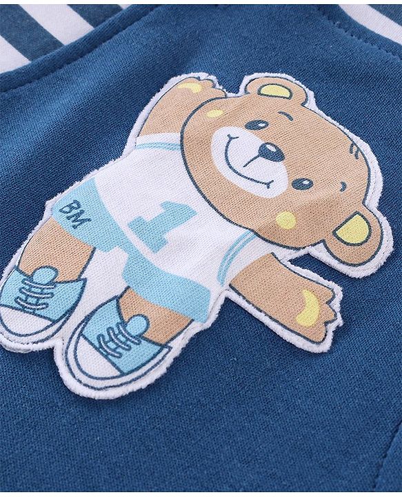 Babyhug 100% Cotton Knit Dungaree and Half Sleeves T-Shirt Set Stripes & Bear Patch - White & Blue