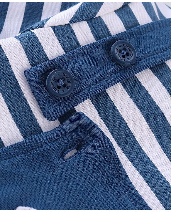 Babyhug 100% Cotton Knit Dungaree and Half Sleeves T-Shirt Set Stripes & Bear Patch - White & Blue