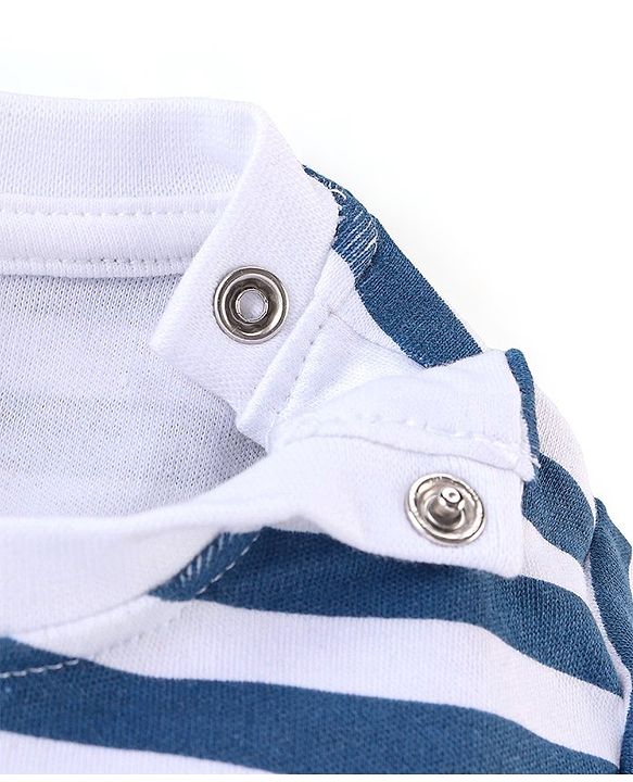 Babyhug 100% Cotton Knit Dungaree and Half Sleeves T-Shirt Set Stripes & Bear Patch - White & Blue