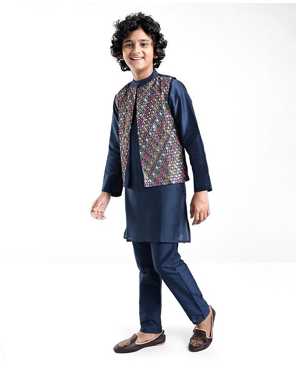 Pine Kids Woven Full Sleeves Kurta Pyjama Set with Embroidered Jacket - Navy Blue