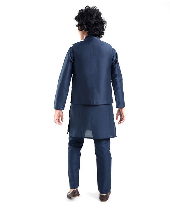 Pine Kids Woven Full Sleeves Kurta Pyjama Set with Embroidered Jacket - Navy Blue