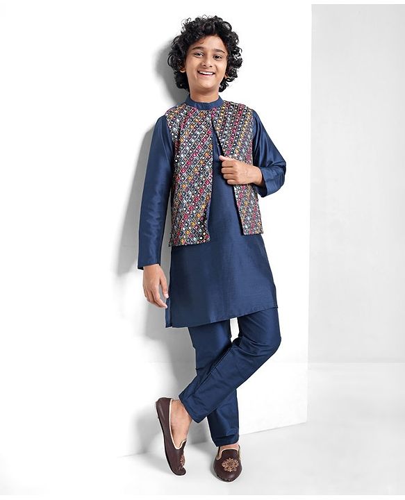 Pine Kids Woven Full Sleeves Kurta Pyjama Set with Embroidered Jacket - Navy Blue