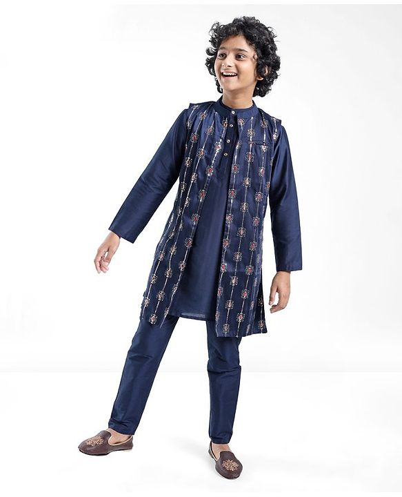 Pine Kids Woven Full Sleeves Kurta Pyjama Set with Embroidered Jacket - Navy Peony