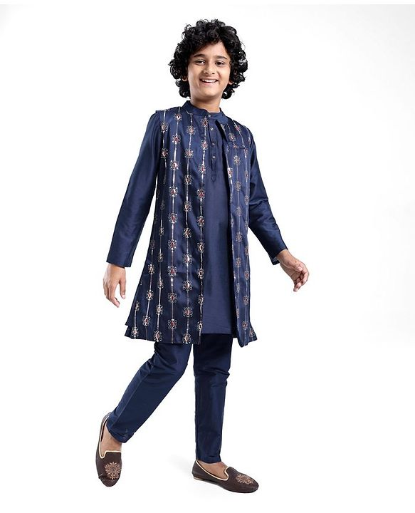 Pine Kids Woven Full Sleeves Kurta Pyjama Set with Embroidered Jacket - Navy Peony