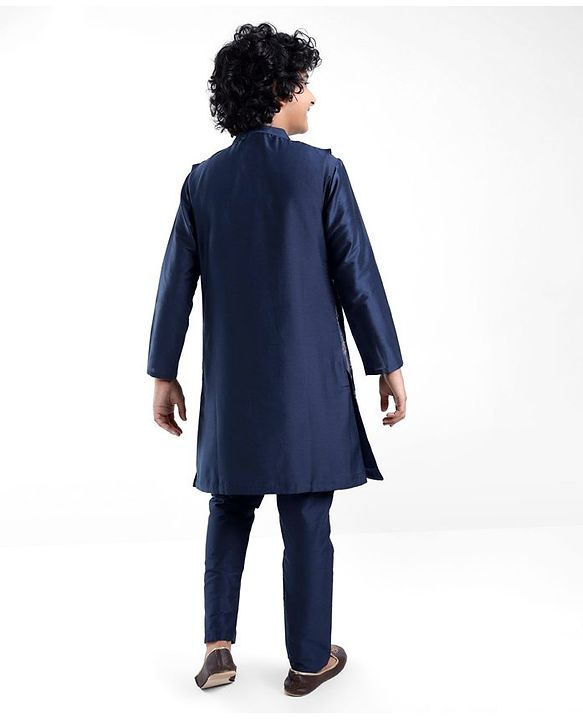 Pine Kids Woven Full Sleeves Kurta Pyjama Set with Embroidered Jacket - Navy Peony