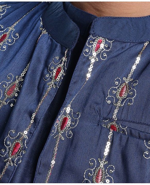 Pine Kids Woven Full Sleeves Kurta Pyjama Set with Embroidered Jacket - Navy Peony