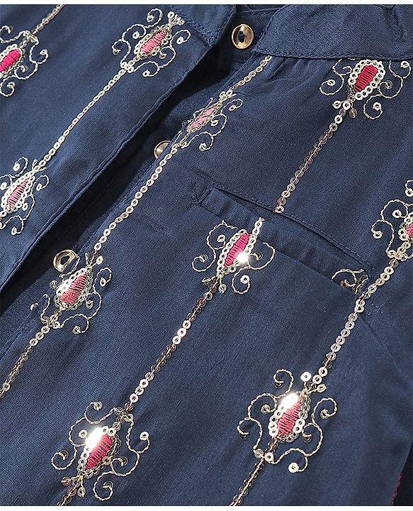 Pine Kids Woven Full Sleeves Kurta Pyjama Set with Embroidered Jacket - Navy Peony
