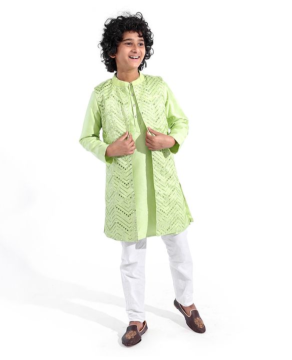 Pine Kids Woven Full Sleeves Solid Colour Kurta & Pajama Set with Mirror Worked Jacket - Lime Green